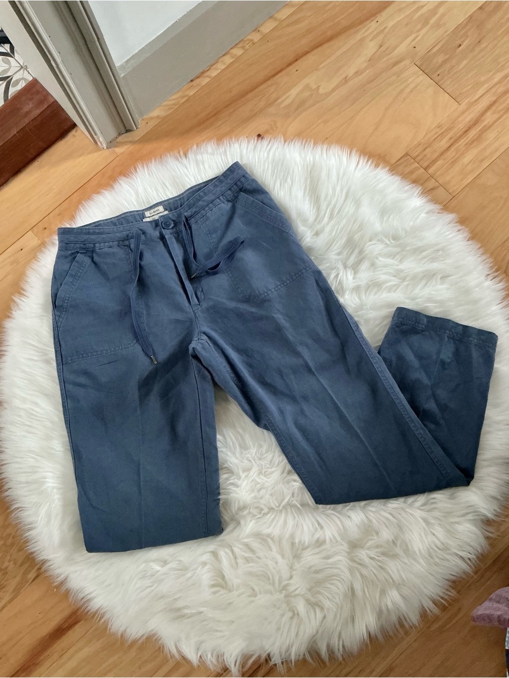 L.L. Bean Women's Cotton Linen Blend Straight-Leg Drawstring Pants in Blue